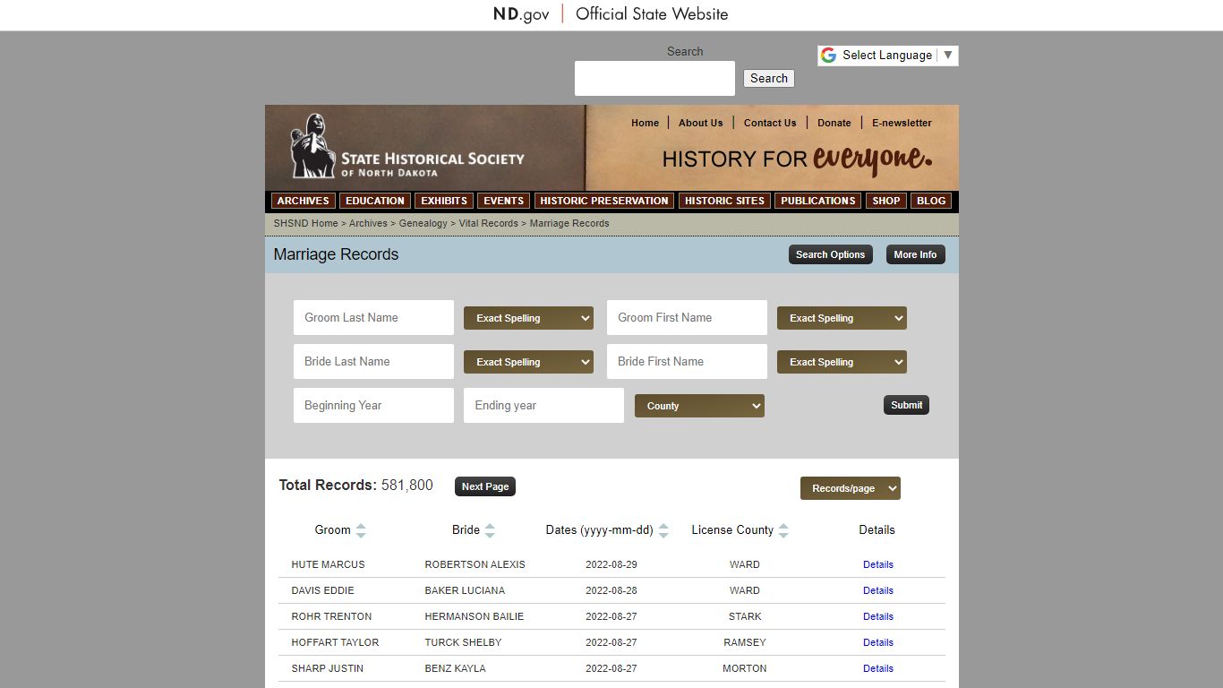 Marriage Records - State Archives - State Historical Society of North ...